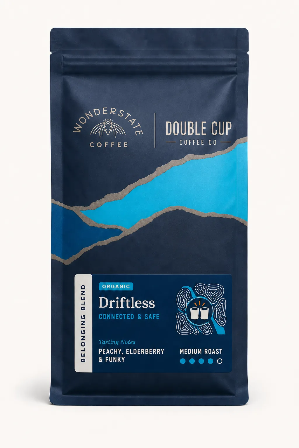 A Wonderstate Coffee x Double Cup Belonging Blend bag — Driftless, Connected & Safe, medium roast.