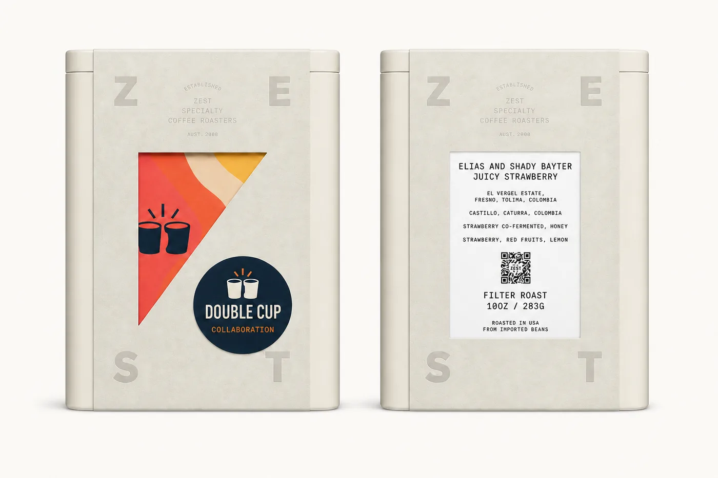 A Zest Specialty Coffee Roasters x Double Cup collaboration tin, front and back, with a Double Cup Collaboration badge.